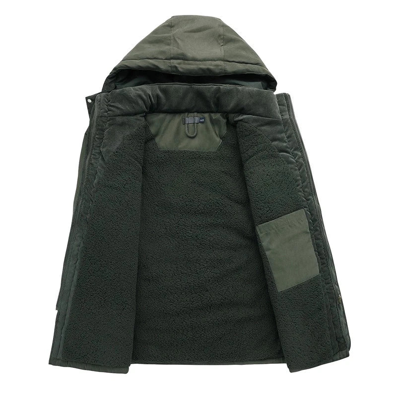 Parkas Masculinas Grossas Jaqueta Quente de Inverno Casaco de Lã com Cashmere Militar ao Ar Livre Acolchoado de Algodão Quebra-Vento Masculino Agasalho com Capuz