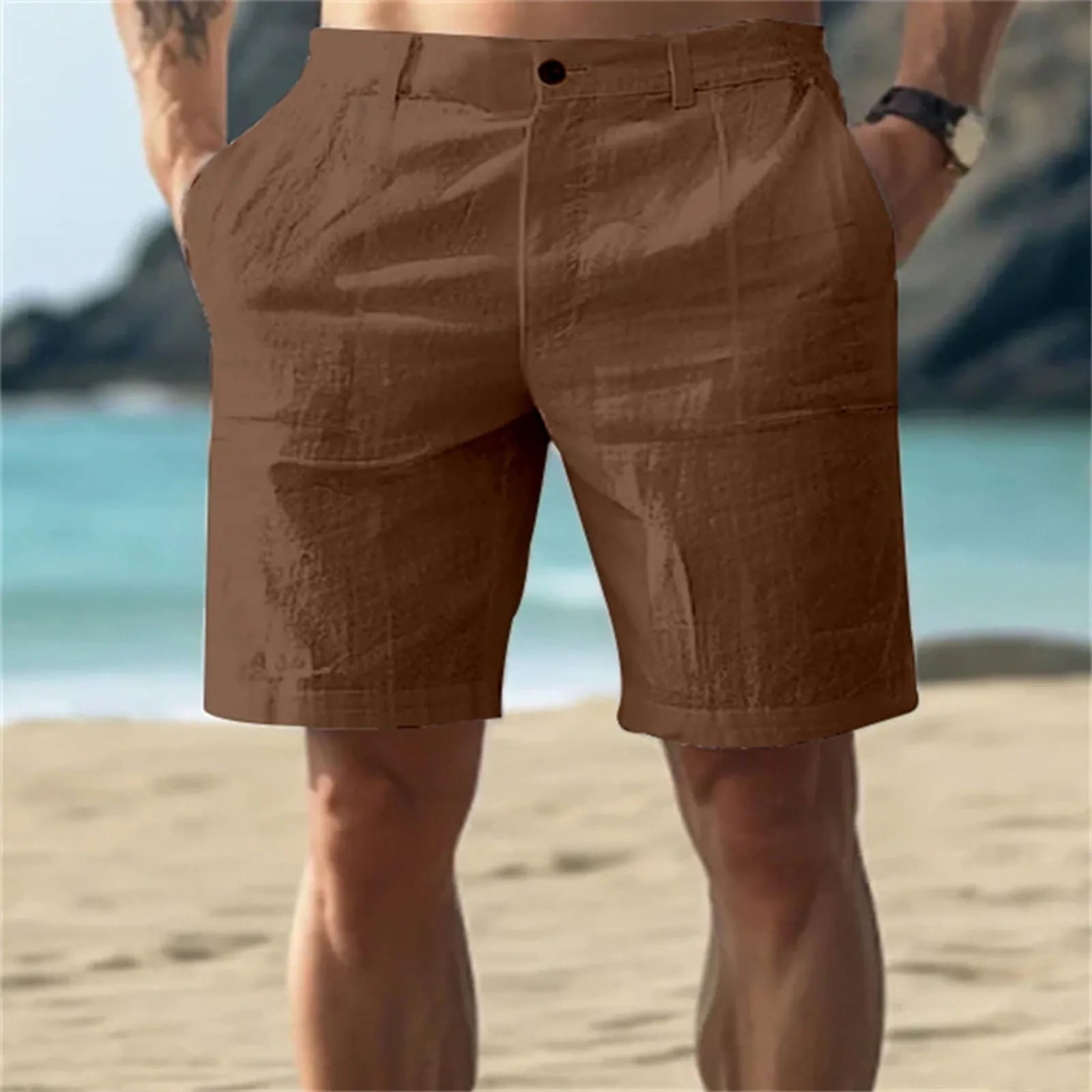 Calças Masculinas de Linho com Cor Sólida Casuais para Praia, Respiráveis, Confortáveis e Retas, Curtas, Estilo Havaiano para Férias de 2025