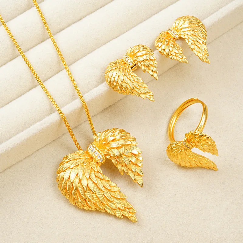 Conjunto Brinco Anel Colar Asa de Anjo Elegante para Mulheres Ouro 24K AU999, coleção de valor preservado