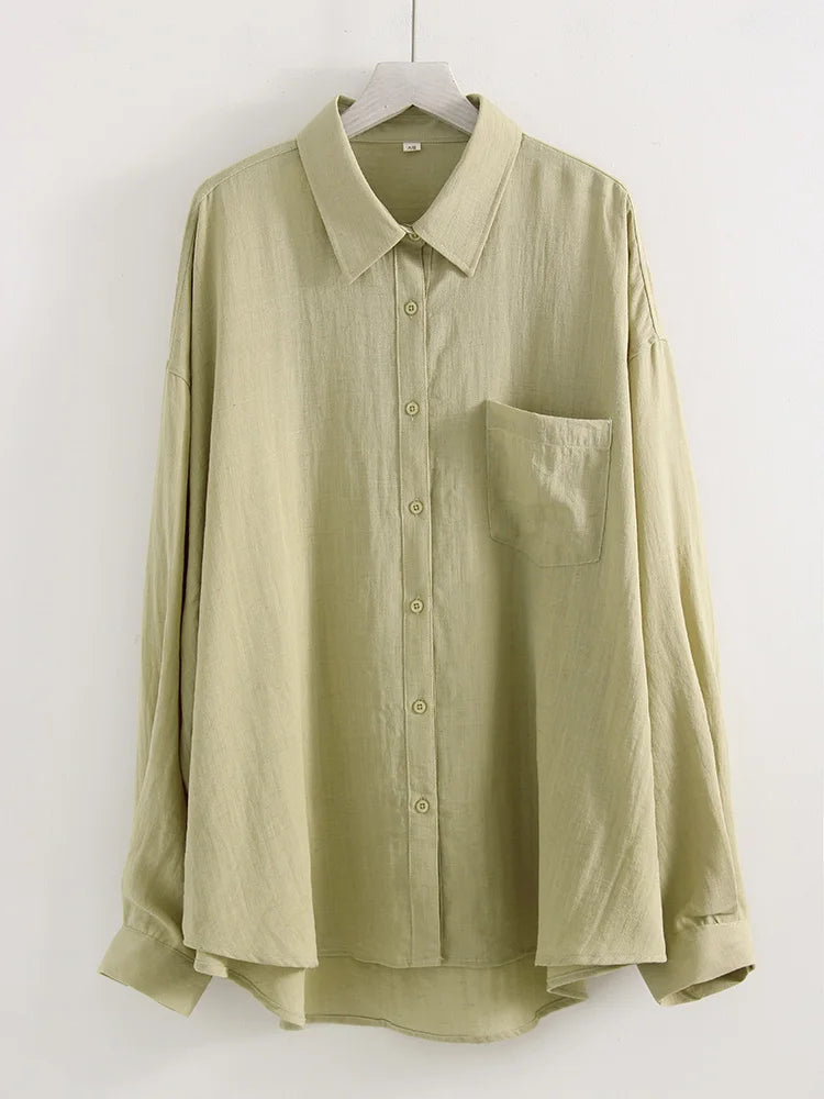 Camisas femininas de linho azuis de verão, blusas longas e grandes, camisas verdes femininas para o trabalho, blusas básicas de linho femininas, camisas brancas femininas