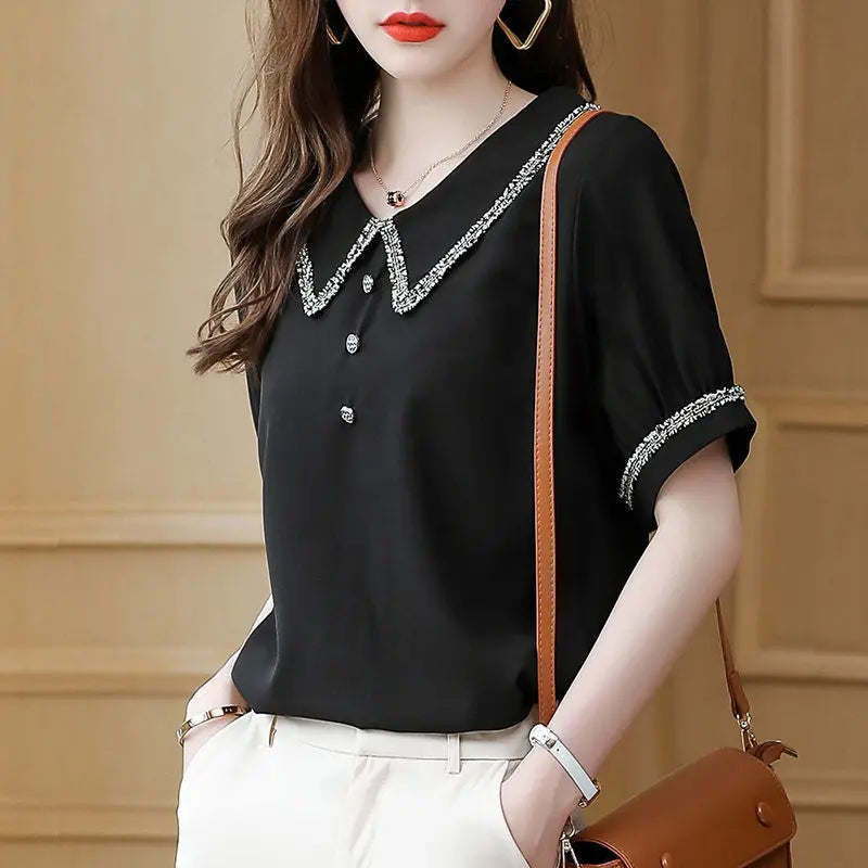 Blusas e Camisas Femininas Chiffon Roupa Social de Manga Curta Gola Formal para Trabalho Escritório Moda Preta Feminina Novidade 2025