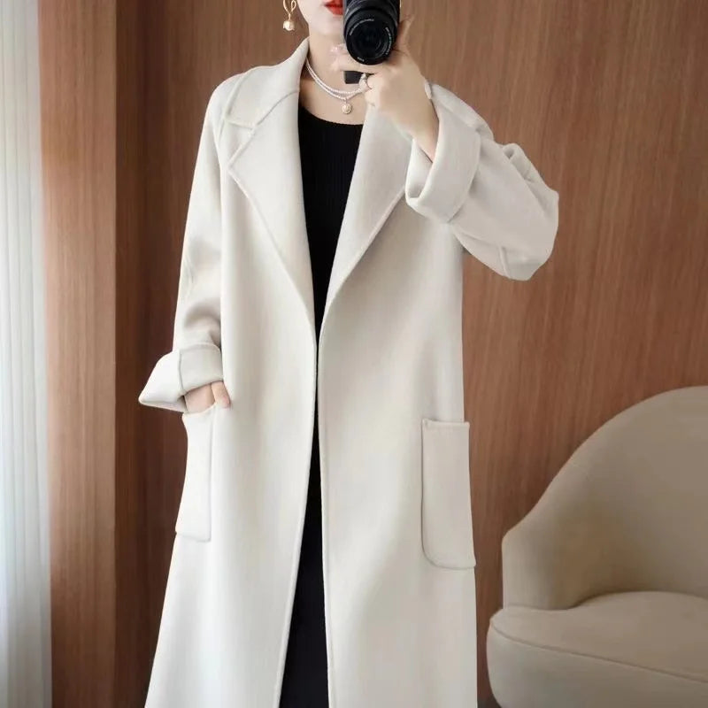 2024 Moda Feminina Casaco 100% Lã Outono/Inverno Elegante Casaco de Caxemira Dupla Face com Cinto Longo