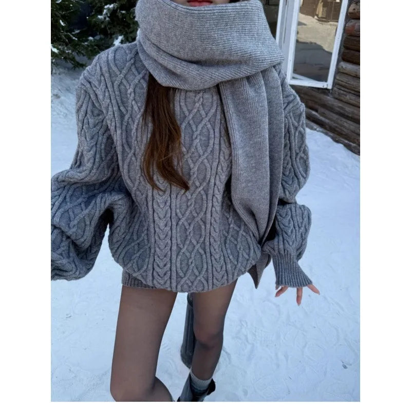 Conjunto Feminino Casual Terno Outono Inverno Solto Torção Manga Longa Suéter Malha Shorts Cintura Alta Duas Peças e Lenço