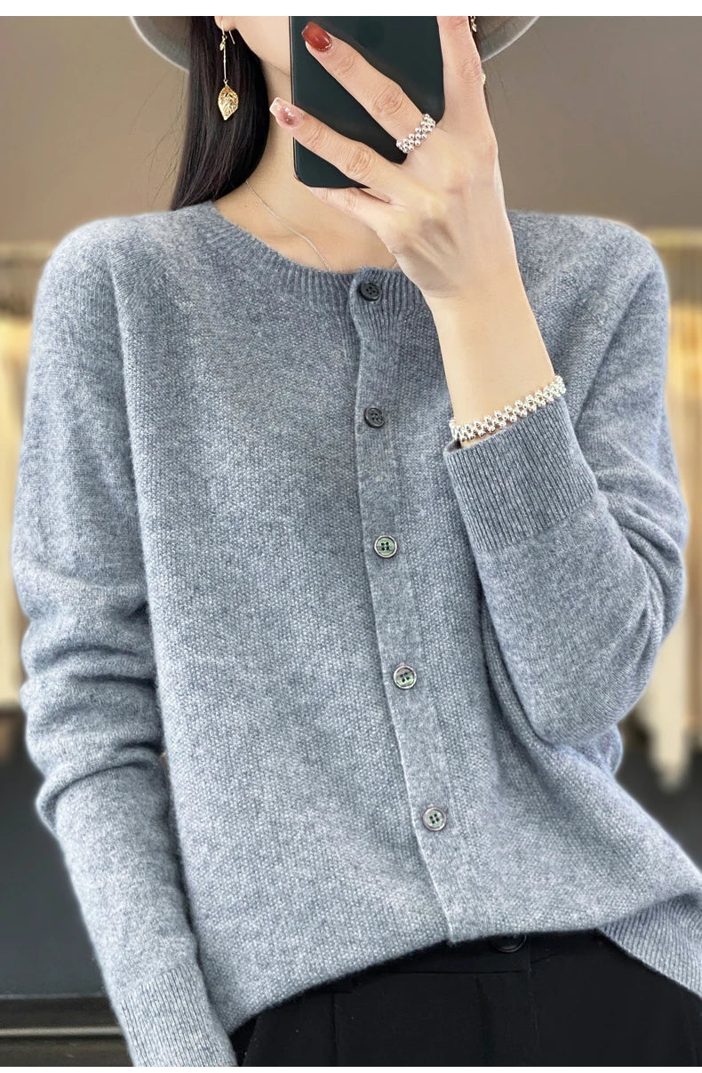 Long Sleeve 100 Merino Wool Sweaters Spring Autumn Women O Neck Knitwear Tops Clothing Fashion Basic Tops - SKY BLUE M