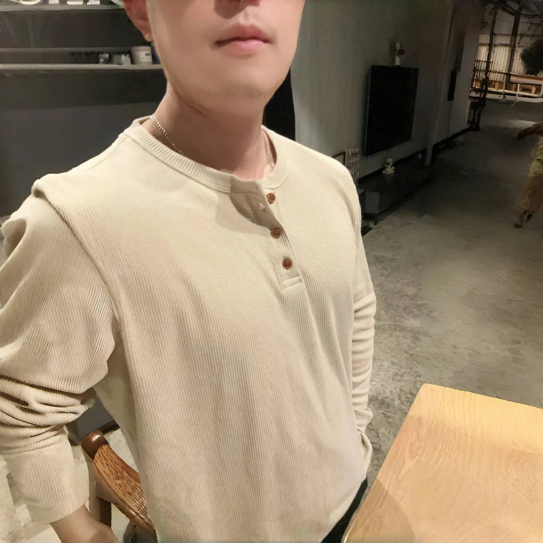 Camiseta Masculina Slim Fit Básica Casual Camisas Henley Waffle Manga Longa Camisas Térmicas Sólidas Meio Botão Respiráveis de Algodão