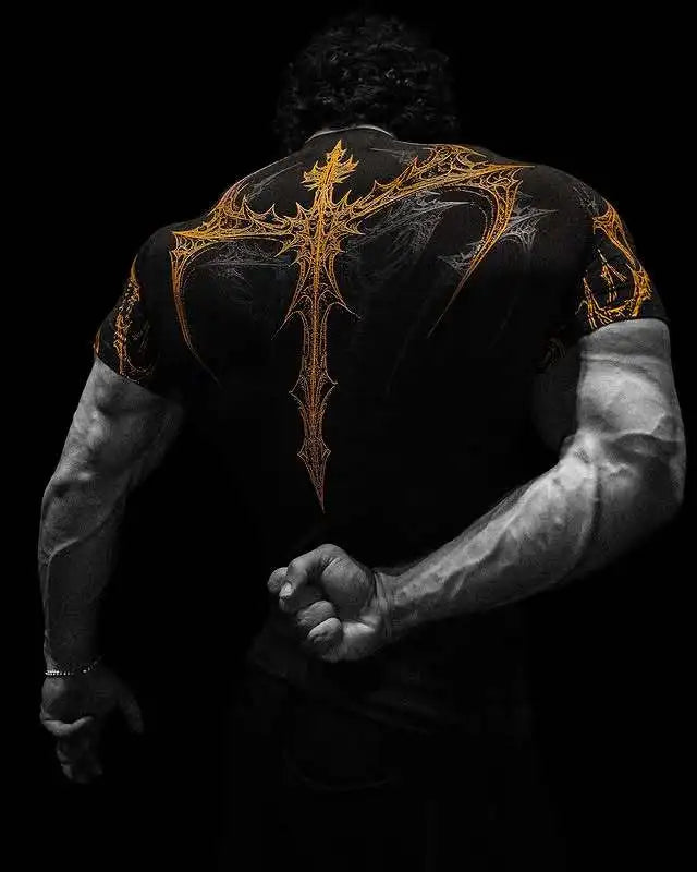 Men's Gothic Print Muscle Tee High Elasticity Quick-Dry Bodybuilding Training T-Shirt