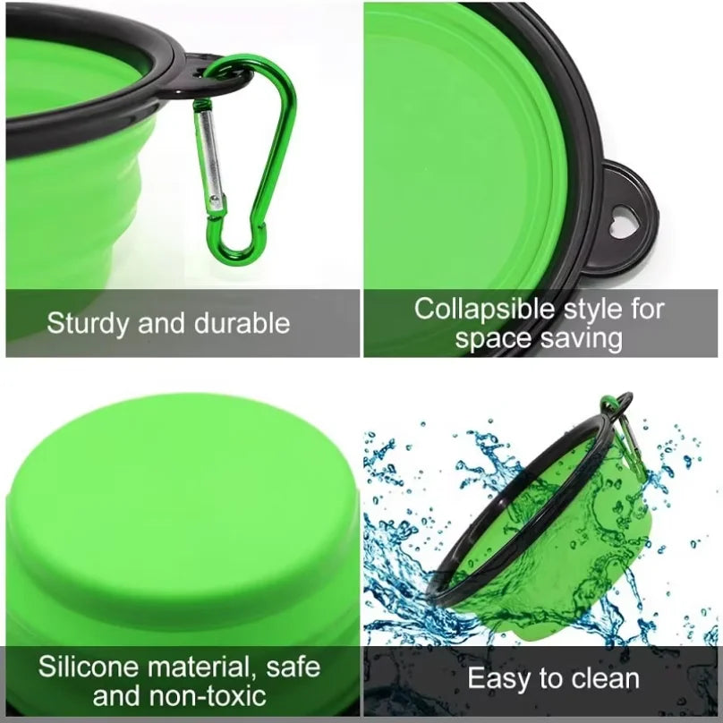 Tigela Dobrável Portátil de Silicone para Alimentação de Cães 2 em 1 Dispensador para Animais de Estimação Viagem ao Ar Livre Cães Gatos com Garrafa Mosquetão Recipiente de Água Comida