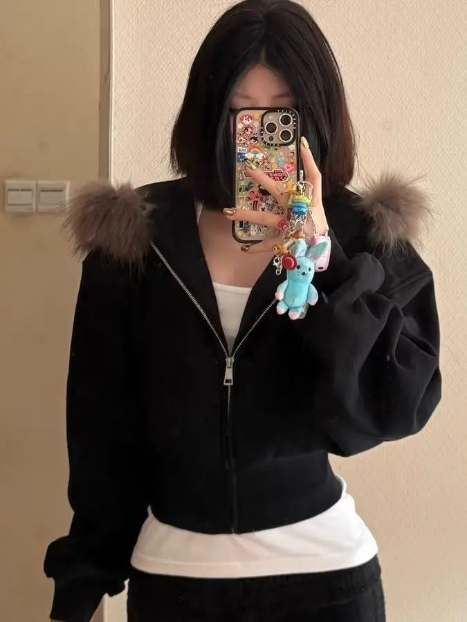 Retro American Black Fur Collar Short Zipper Jacket Womens Autumn Winter Warm Fleece Design Sense Short Cardigan 1 - Xl Black