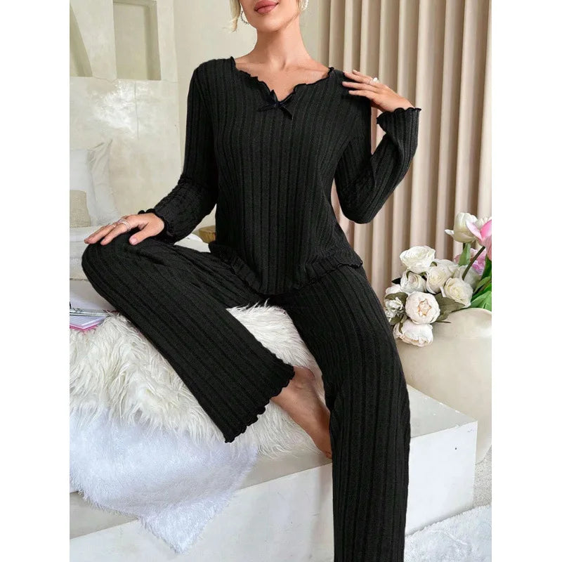 2026 New Women Ribbed Loungewear Set Black Edge Trim Casual Home Wear Soft Comfortable Two Piece Outfit European American Style