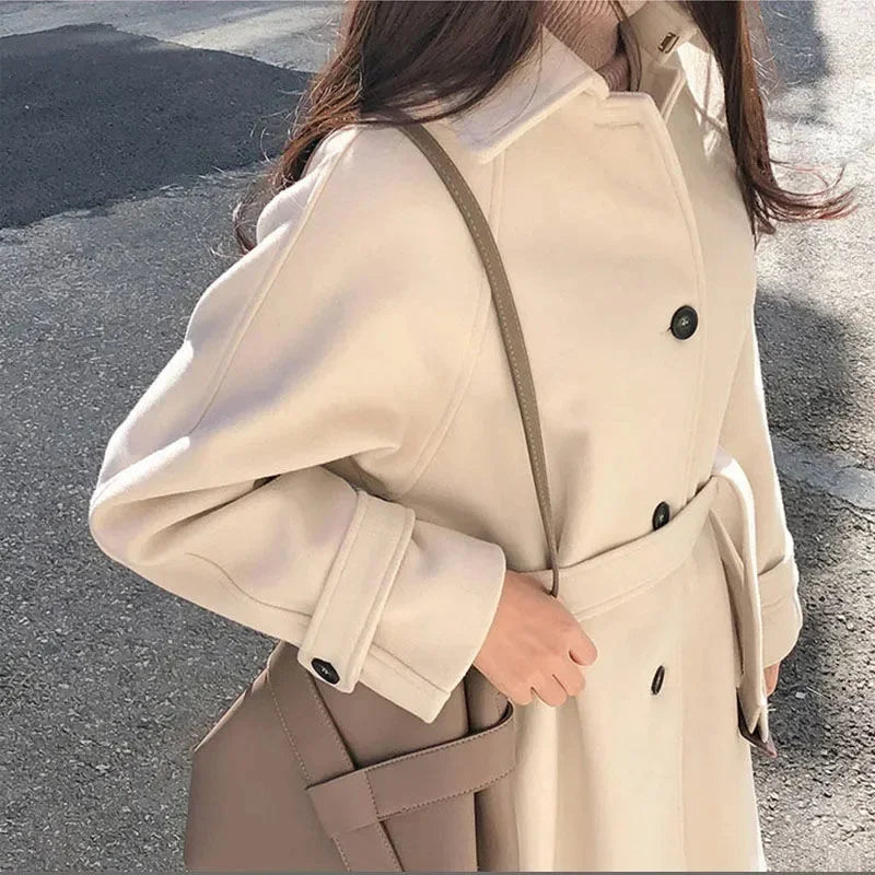 2025 Outono/Inverno Novo Casaco Feminino de Lã Coreano Solto Jaqueta Fina Temperamento com Cinto Casaco Longo de Lã Grosso Feminino