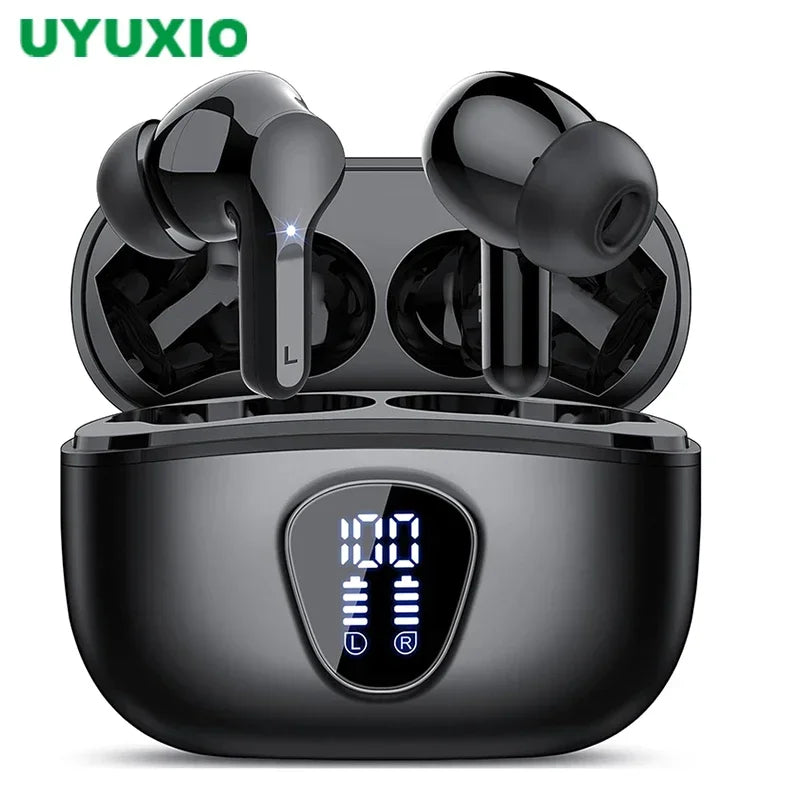 Fone de ouvido sem fio UYUXIO BT5.4, 48H de duração, display LED, com HiFi estéreo, IP7 à prova d'água, fones de ouvido com cancelamento de ruído