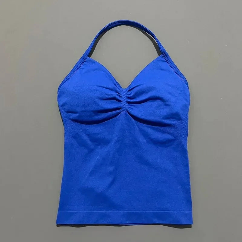 Conjuntos de Academia Femininos 2 Peças Impacto Sem Costura Fitness Yoga Roupa Esportiva Halter Top Shorts Roupa de Treino Corrida Roupa de Academia