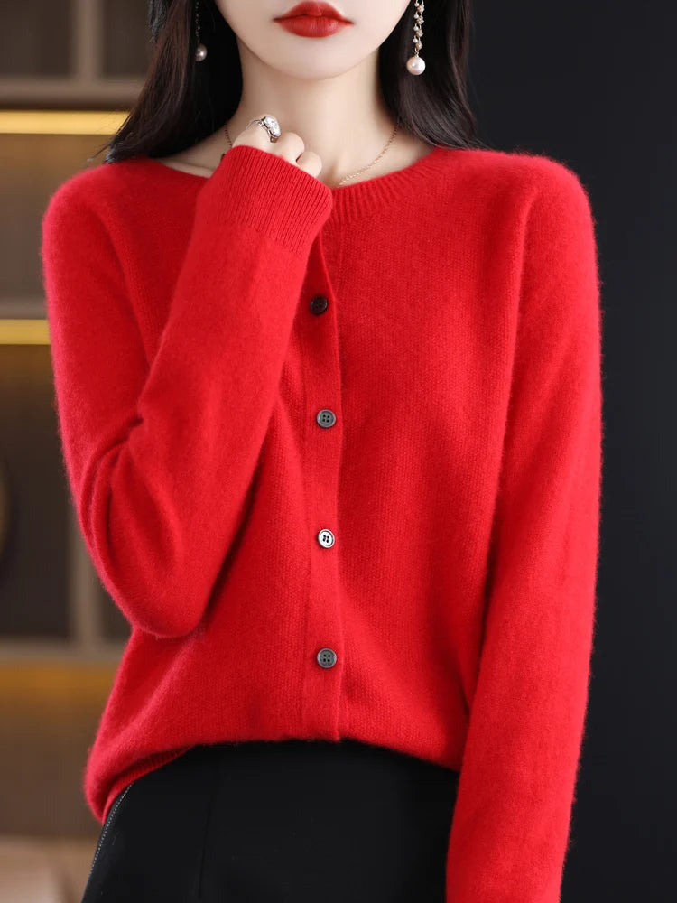 Long Sleeve 100 Merino Wool Sweaters Spring Autumn Women O Neck Knitwear Tops Clothing Fashion Basic Tops - SKY BLUE M
