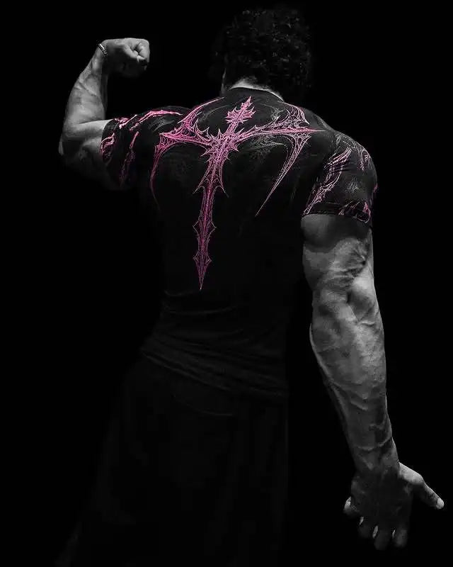 Men's Gothic Print Muscle Tee High Elasticity Quick-Dry Bodybuilding Training T-Shirt
