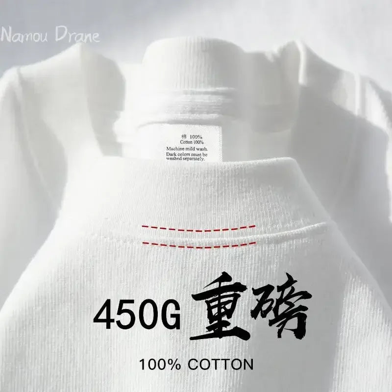 Camiseta Americana de Algodão Pesado 450g Manga Curta Masculina e Feminina Cor Sólida Gola Redonda Solta Top Camiseta Interna Meia Manga