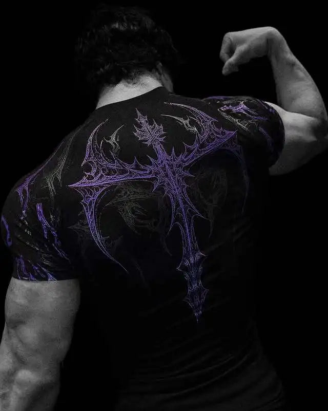 Men's Gothic Print Muscle Tee High Elasticity Quick-Dry Bodybuilding Training T-Shirt