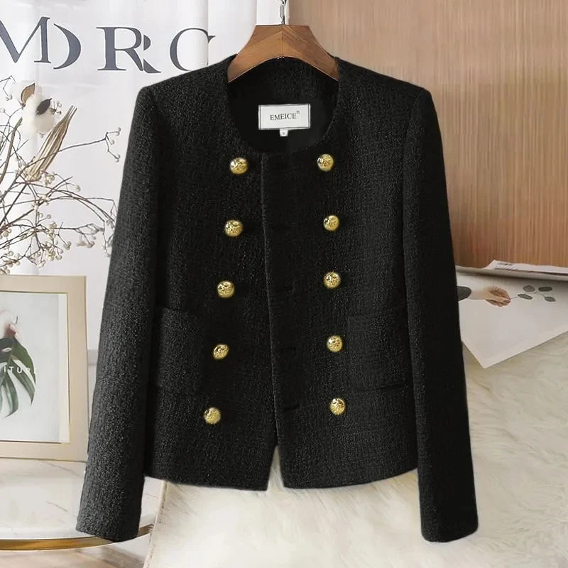 Ladies Woolen Jacket 2024 Autumn Winter Double-Breasted Slim Female Coat Versatile Coarse Tweed Temperament Women Wool Overcoat
