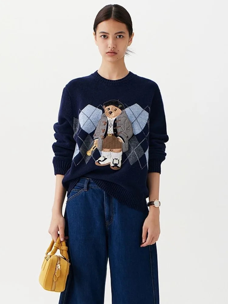 Suéter Feminino de Tricô com Urso Bordado Estilo Francês de Luxo para Mulheres Blusas Casuais de Malha Suéter Pull Femme