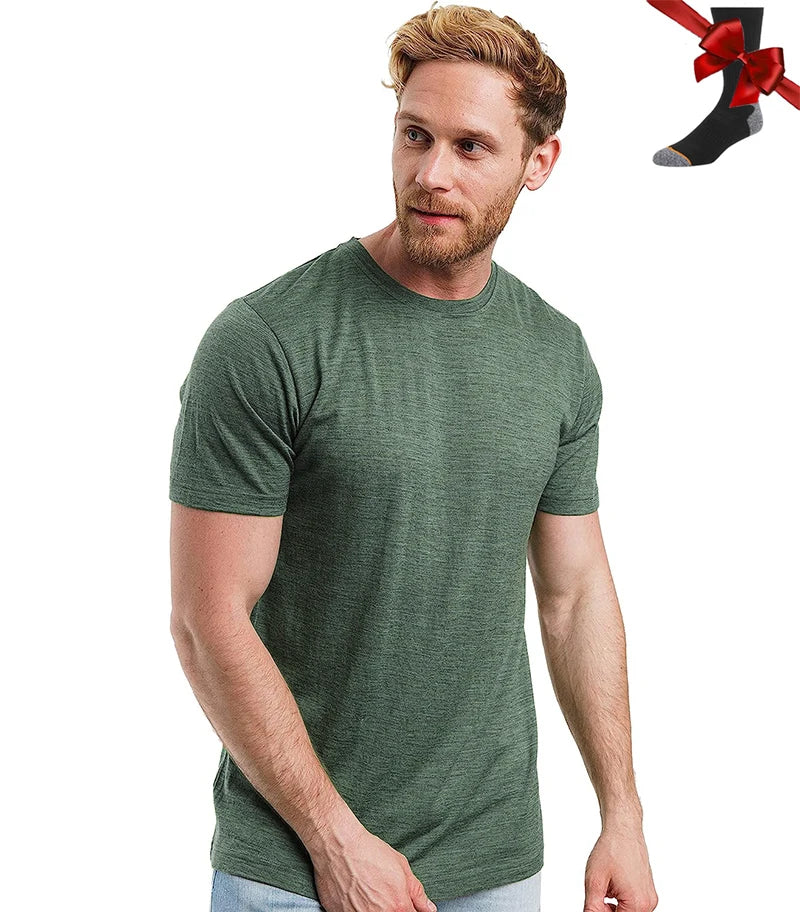 Camiseta Masculina 100% Lã Merino Super Fina Camada Base de Lã Merino que Absorve a Umidade Respirável de Secagem Rápida Antiodor + Meias de Lã Merino
