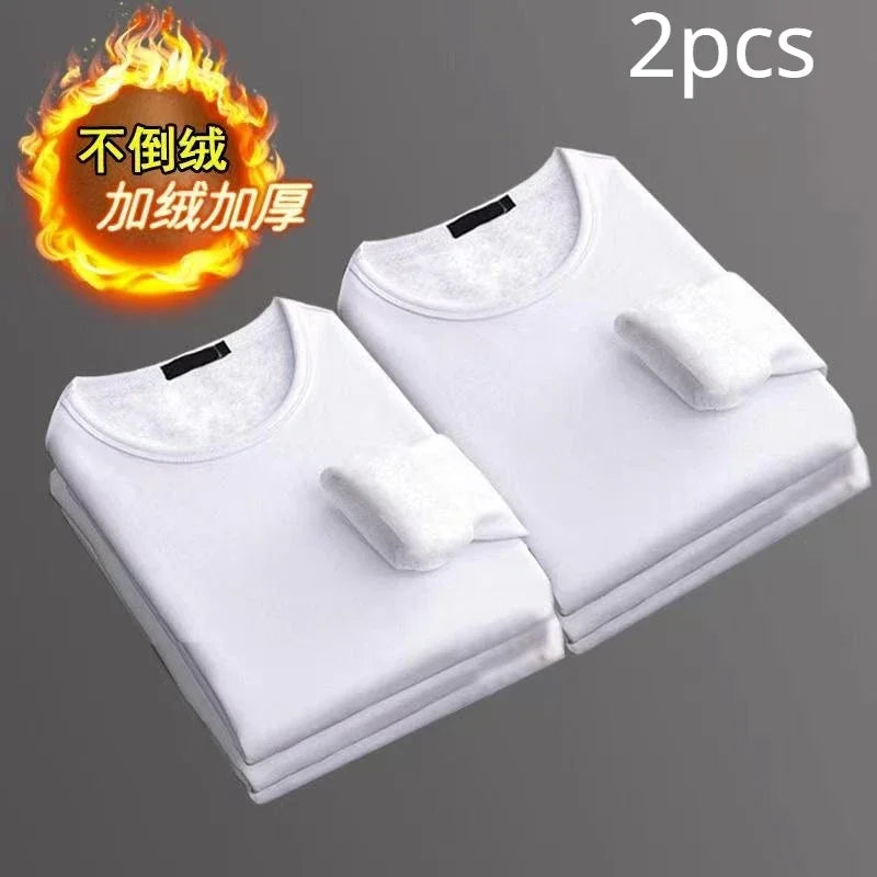 2 Peças Cueca Masculina Inverno Camiseta Térmica de Manga Comprida Acolchoada de Veludo Gola Redonda Cor Sólida Blusa de Baixo Fina