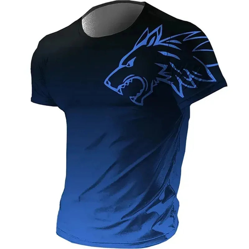 Camiseta masculina fitness sportswear verão 2024 vintage masculina 3D estampada secagem rápida gradiente animal lobo manga curta
