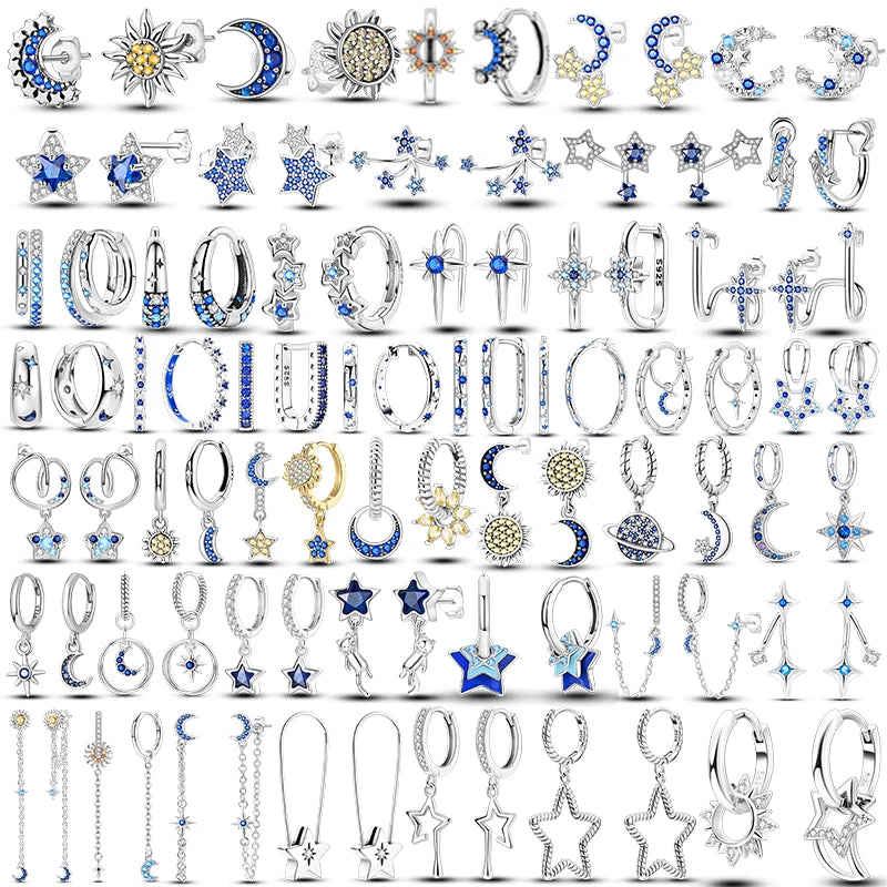Brincos de Argola Estrela Lua Sol Prata Esterlina 925 Original Estrela Brilhante Zircônia Tassel Brincos Longos para Mulheres Presente de Joia de Luxo