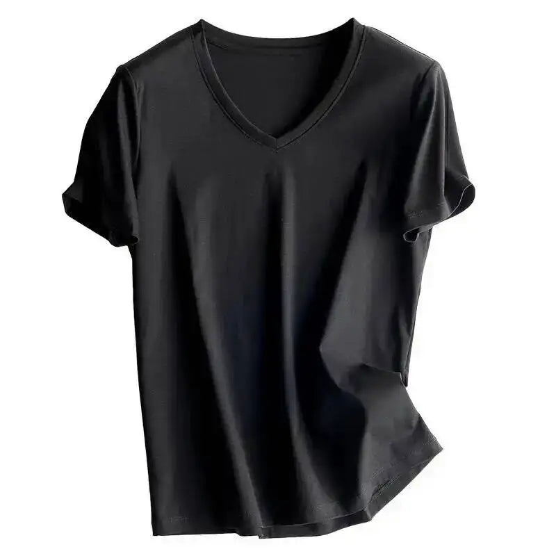 Summer 6 Mulberry Silk Cotton T Shirts Women Loose Round Neck Short Sleeve Luxury Tee Solid Color Basic Tops - v Collar Black M