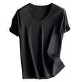 Summer 6 Mulberry Silk Cotton T Shirts Women Loose Round Neck Short Sleeve Luxury Tee Solid Color Basic Tops - v Collar Black M