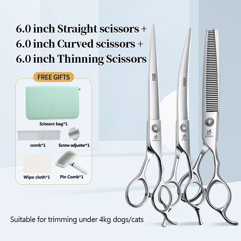 Conjunto Profissional de Tosas Domésticas para Animais de Estimação Fenice Tesouras Retas Curvas de Desbaste e Tosa de 6/6,5/7/7,5 Polegadas com Parafuso de Rolamento para Cães/Gatos