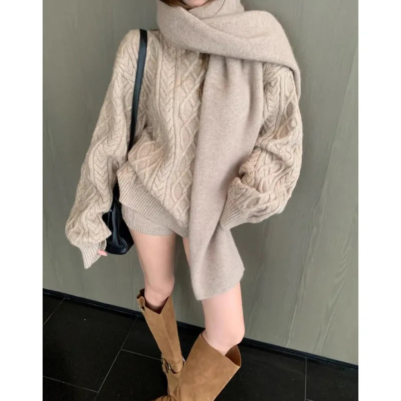 Conjunto Feminino Casual Terno Outono Inverno Solto Torção Manga Longa Suéter Malha Shorts Cintura Alta Duas Peças e Lenço
