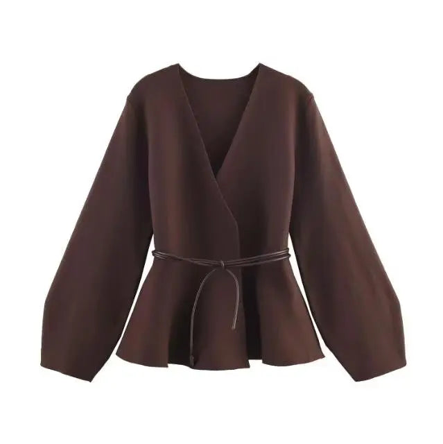 Roupas Femininas Blusas Cardigã de Tricô Elegante com Gola V e Amarração na Cintura e Bainha Larga Para Mulheres Top de Trabalho Outono e Inverno