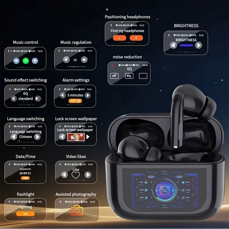 Fones de Ouvido Sem Fio Bluetooth, Cancelamento de Ruído ANC/ENC, Intra-auriculares com Tela de Toque Multifuncional, para iOS Android