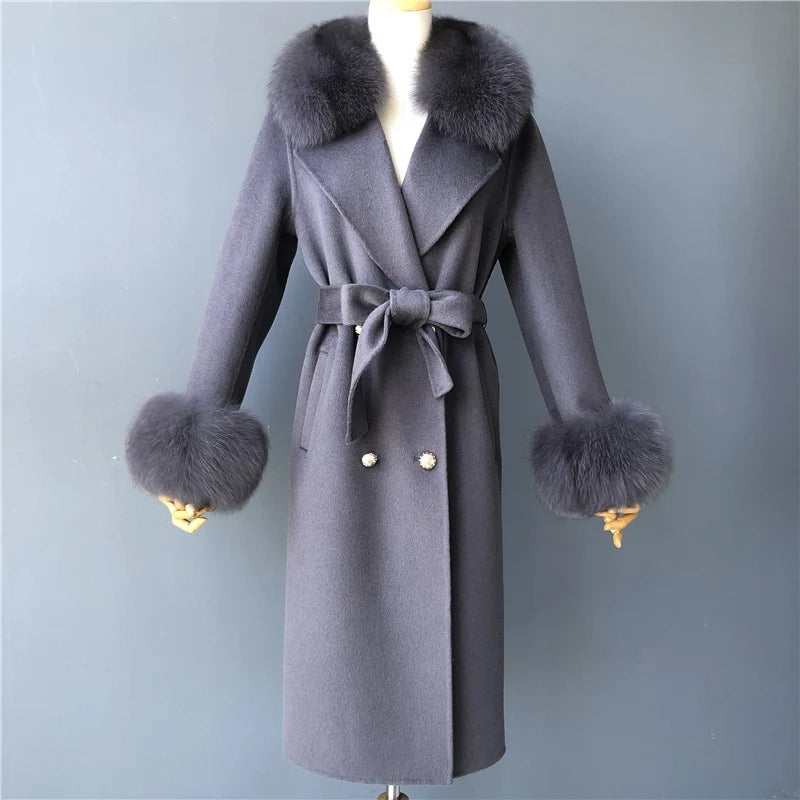Jxwatcher Cashmere Lã Casaco Primavera Real Fox Colarinho Casaco de Lã de Trincheira Mulheres Inverno Casaco Quente Venda Longo Estilo Casacos de Lã