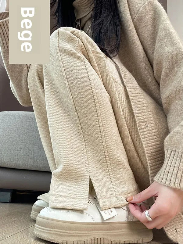 Calça Feminina Cintura Alta Perna Larga Casual Reta Forrada com Lã Grossa Calças Outono Inverno Novo Estilo da Moda