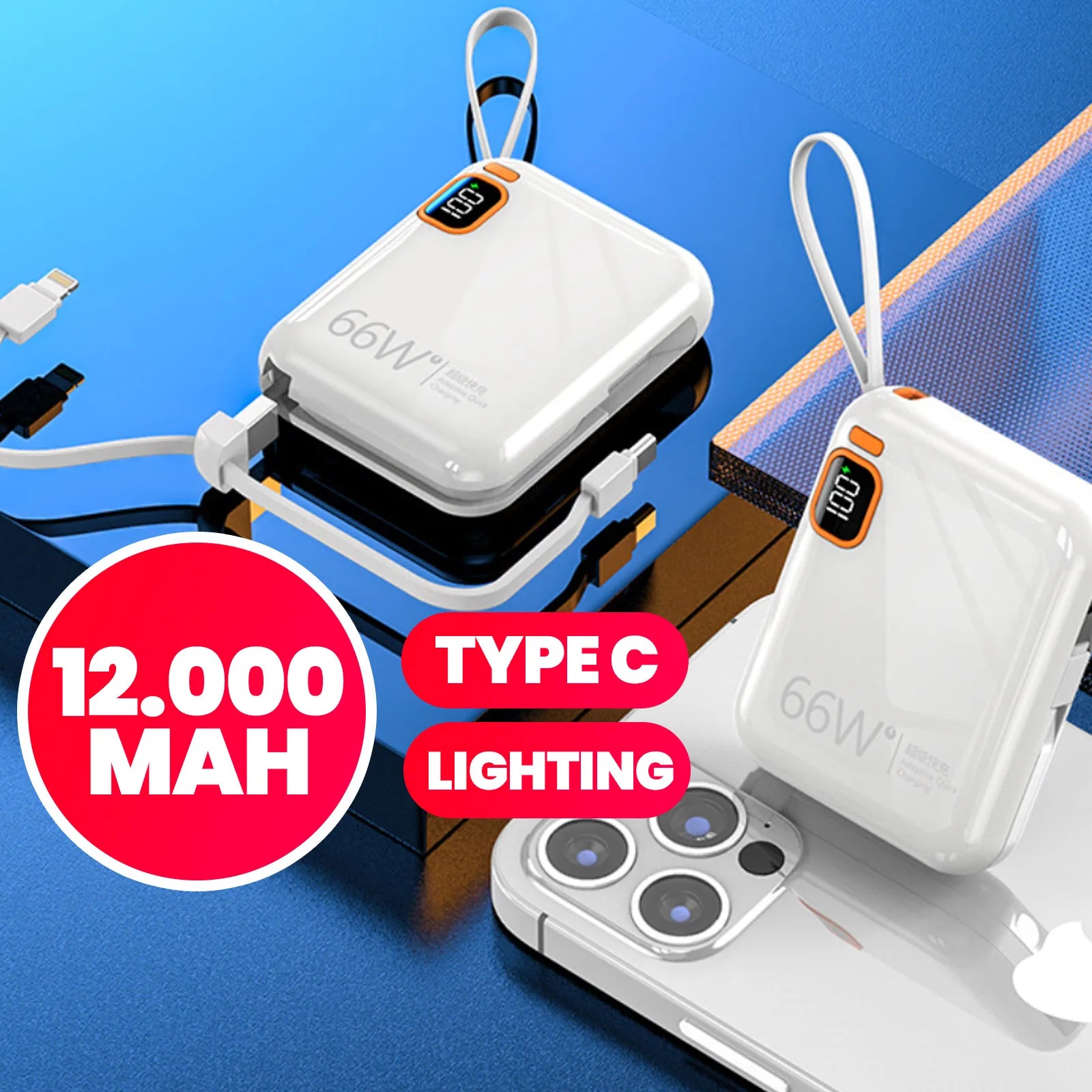 Compact Power Bank 12000mAh Fast Charger Integrated Cable Travel
