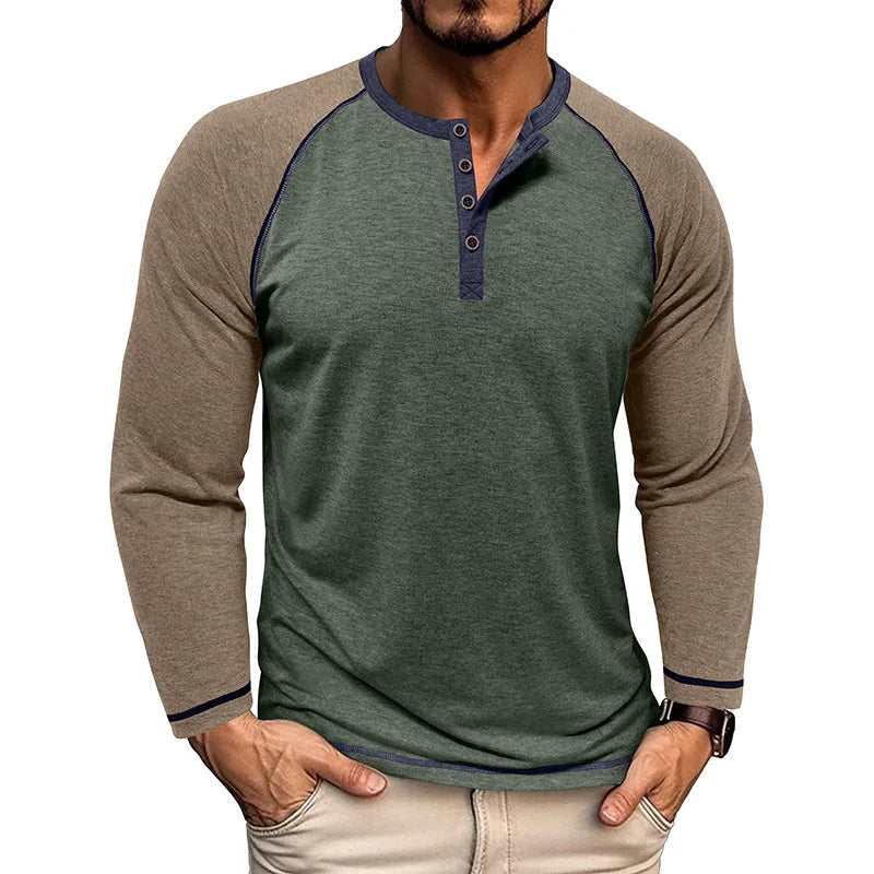 Nova Camiseta Masculina de Manga Raglan com Gola Henry de Manga Longa Outono e Inverno Estilo Europeu e Americano