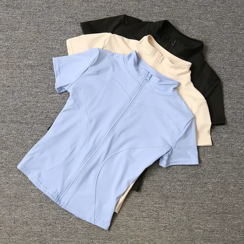 Verão de Alta Qualidade Modelador de Cintura Tops de Treino Feminino de Secagem Rápida Justo Gola Alta Zíper Completo Manga Curta Camisas de Yoga