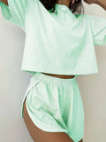 Conjunto Liso De Lounge Disponível Em Várias Cores Roupa Que Deixa A Barriga À Mostra Top De Manga Curta E Gola Redonda E Shorts Caimento Feminino Lounge