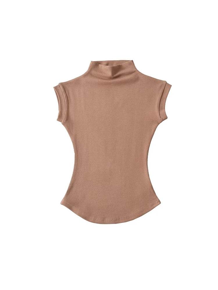 Mulheres Verão Sexy Gola Alta Regata Blusas Sólida Slim Fit Pulôver Casual Camisetas Femininas Streetwear Básicas - preto L