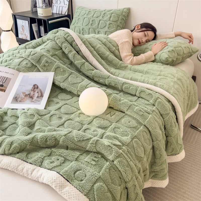 Heart Pattern Coral Fleece Blanket Spring Autumn Cozy Thicken Warm Plush Blanket for Bed Fluffy Super Soft Sofa Throw Blankets