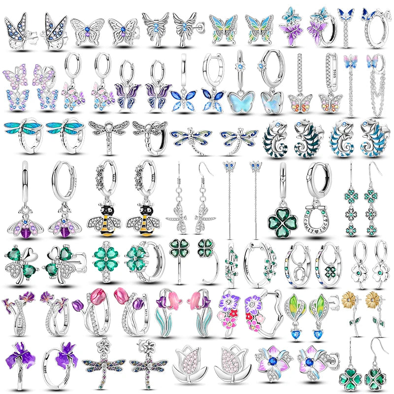 Brincos Trevo de Quatro Folhas Prata 925 Zircônia Original Borboleta Libélula Camaleão Abelha Flor Brincos Femininos Joia de Presente