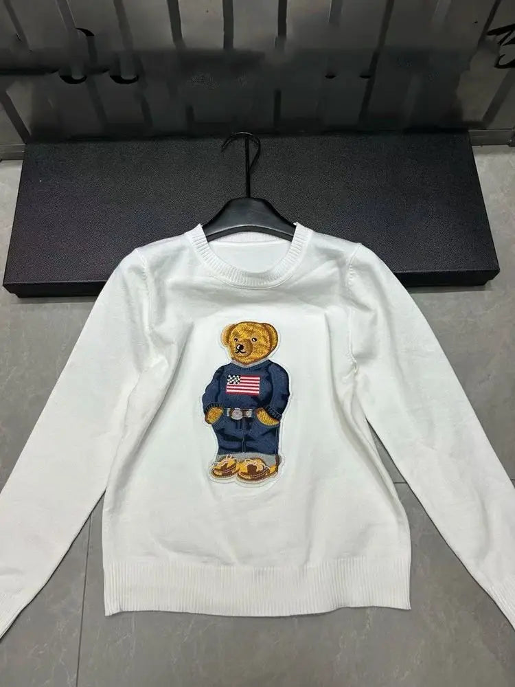 Suéter Feminino de Tricô com Urso Bordado Estilo Francês de Luxo para Mulheres Blusas Casuais de Malha Suéter Pull Femme