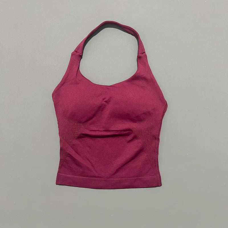 Regata Esportiva Feminina para Academia Sem Costura Yoga com Bojo Removível Top Esportivo Push-up Fitness Treino Corrida