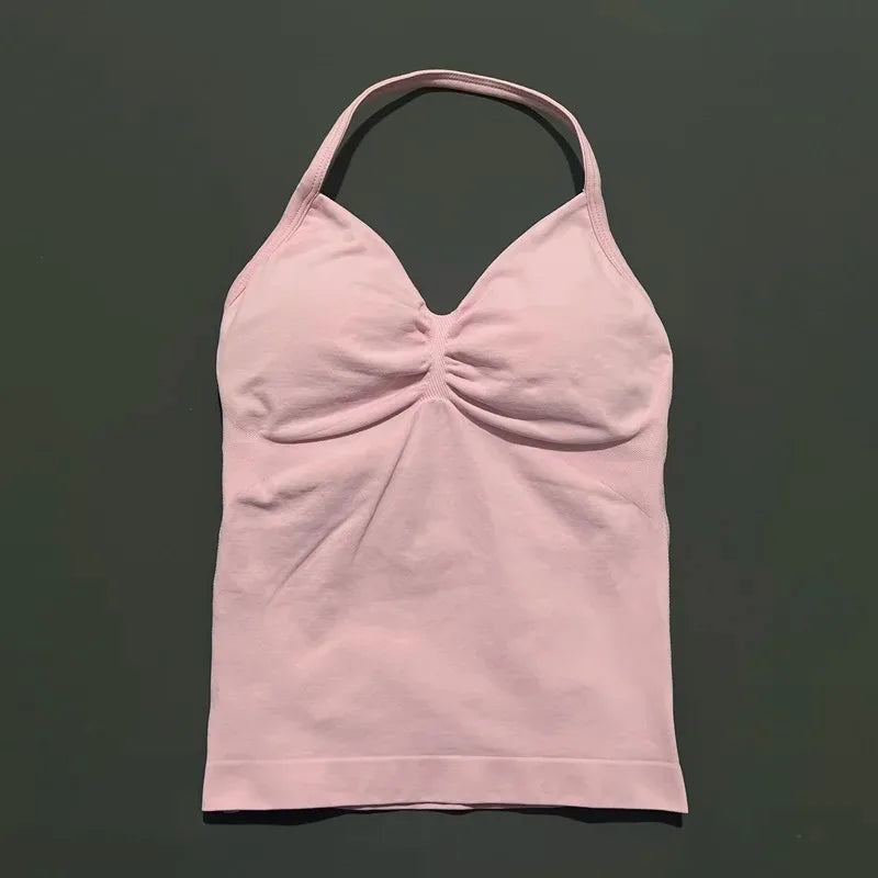 Conjuntos de Academia Femininos 2 Peças Impacto Sem Costura Fitness Yoga Roupa Esportiva Halter Top Shorts Roupa de Treino Corrida Roupa de Academia