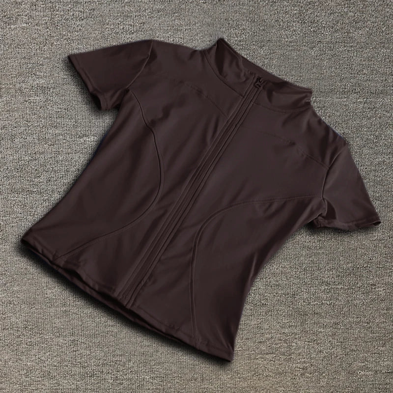Verão de Alta Qualidade Modelador de Cintura Tops de Treino Feminino de Secagem Rápida Justo Gola Alta Zíper Completo Manga Curta Camisas de Yoga