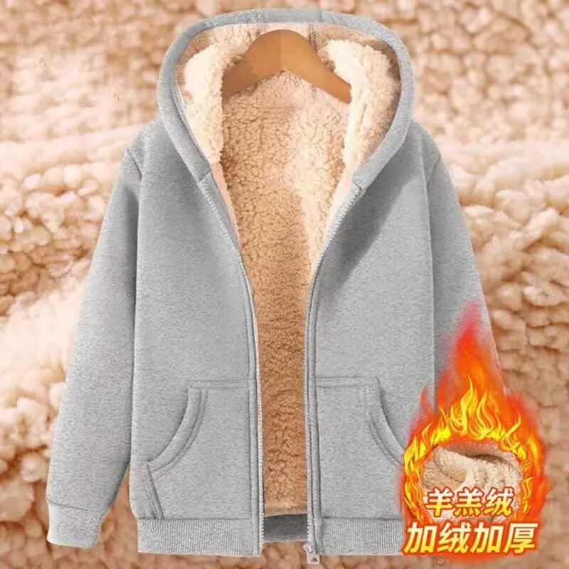 Casaco Feminino Grosso de Veludo de Cordeiro Aberto Cardigã com Capuz Zíper Solto Agasalho de Inverno Moletom Moderno Quente Tamanho Grande