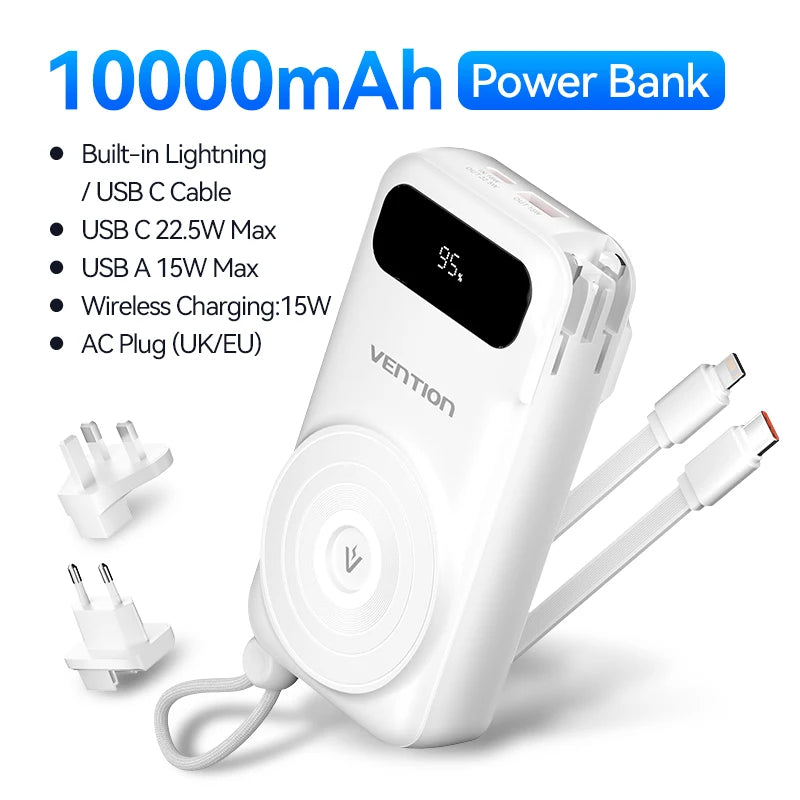Magnetic Power Bank 10000mAh Fast Charge Built-in Cables AC Plug