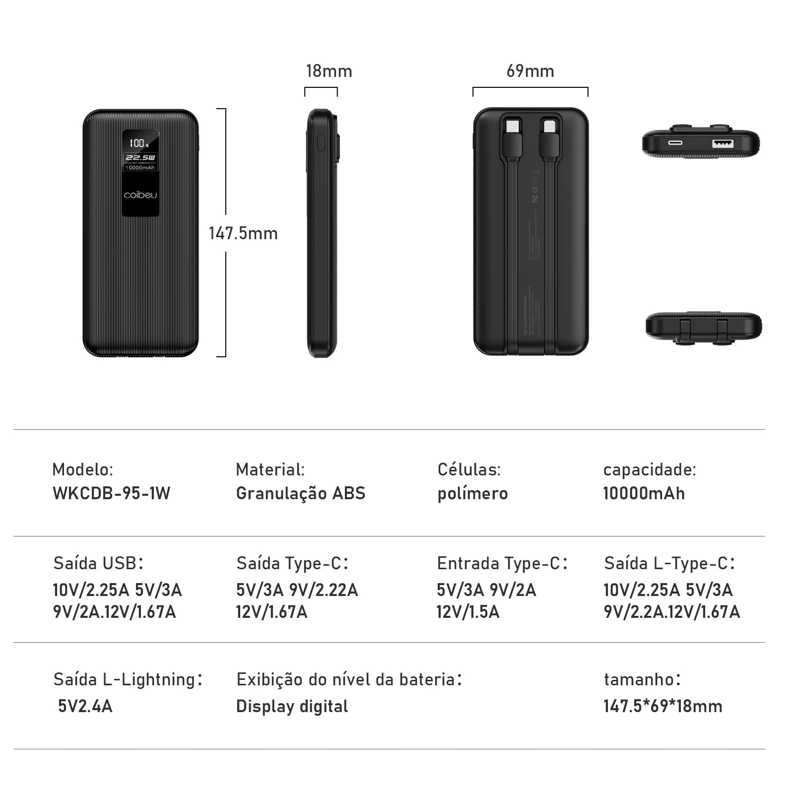 Power Bank Bateria Portátil 10000mAh 23W