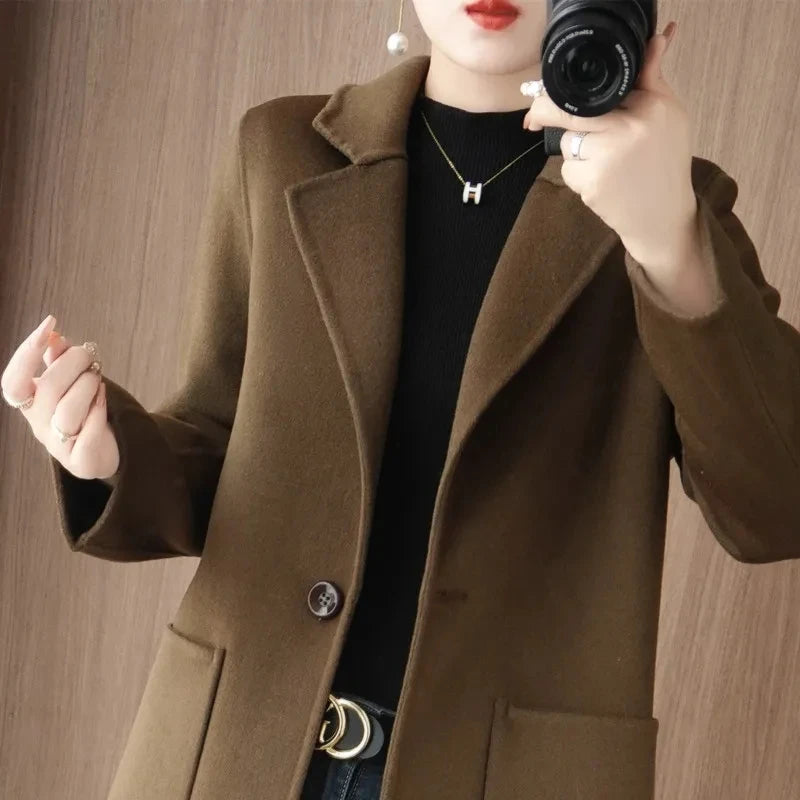 Jaqueta Feminina Casaco De Lã Cashmere Dupla Face 100% Pura Lã Outono Inverno Novo Casaco Corta-Vento De Lã Slim De Um Botão De Comprimento Médio