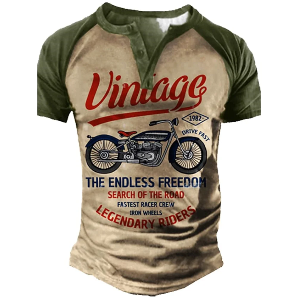 Motorcycle Impressão 3D Vintage Henley Camisas Masculinas Casuais Moda Streetwear Superdimensionada Camiseta Manga Curta Masculina Tops Roupas
